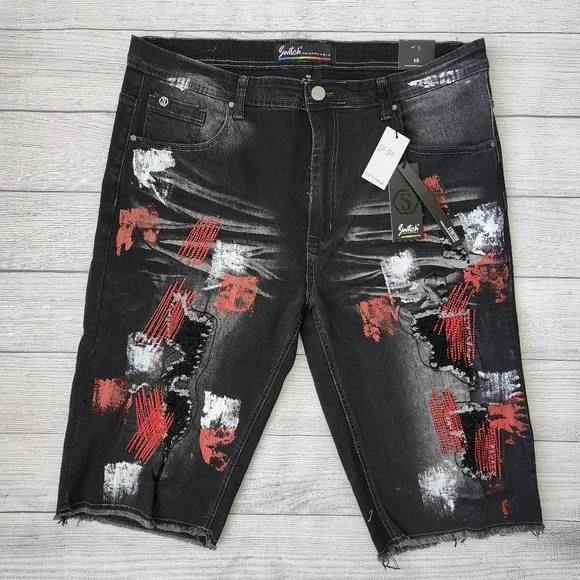 Black and Red Splatter Paint Distressed Men's Biker Shorts (Size 40 & 42) - Picture 1 of 15